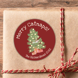 Cute Cat on Chistmas Tree Merry Catnaps! Red Classic Round Sticker