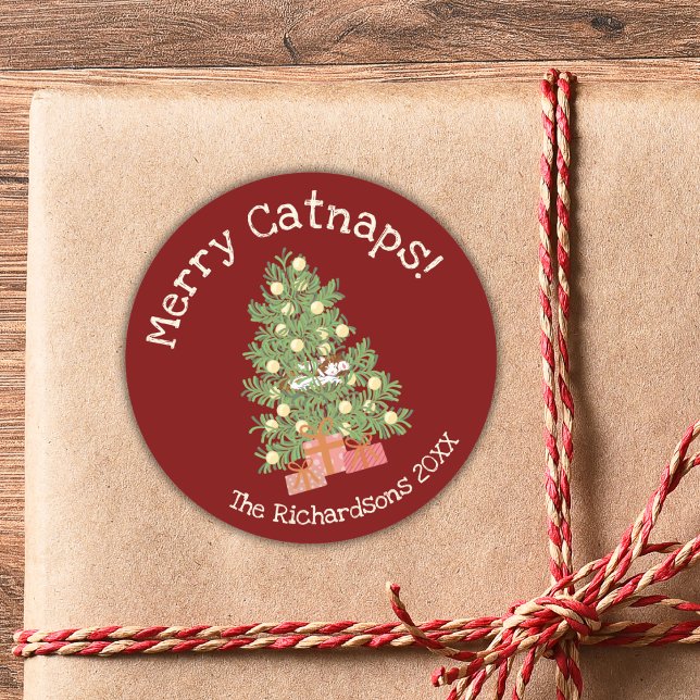 Cute Cat on Chistmas Tree Merry Catnaps! Red Classic Round Sticker (Creator Uploaded)