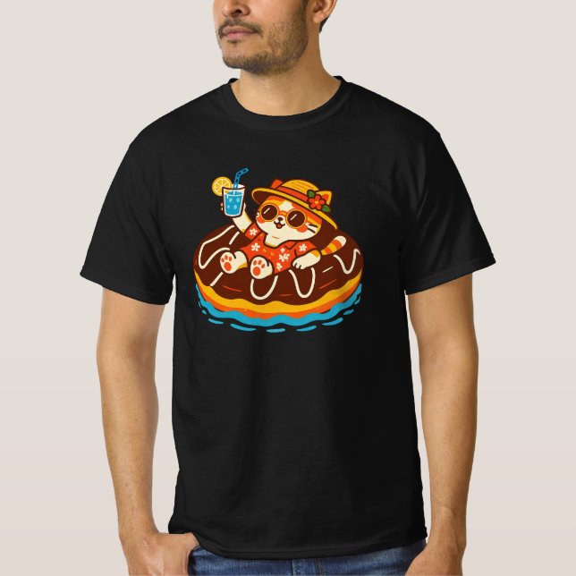 Cute Cat on Chocolate Doughnut Float | Summer Kawa T-Shirt (Front)