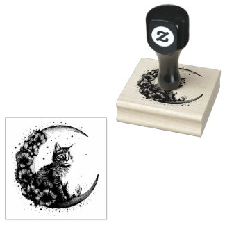 Cute cat on crescent moon rubber stamp