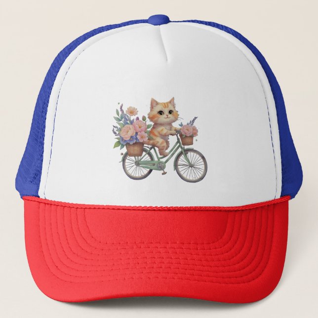 Cute Cat on Floral Bike Hat – Fun Gift for Cat Lov (Front)