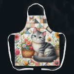 Cute Cat on Floral Quilt Cottagecore Apron<br><div class="desc">A delightful gray tabby kitten sits sweetly among blooming flowers in this cozy, cottagecore-inspired design. The backdrop features a vibrant patchwork quilt filled with charming geometric patterns, soft pastels, and vintage textures that evoke feelings of warmth and nostalgia. Surrounding the kitten are blooming sunflowers, roses, and daisies, along with cheerful...</div>