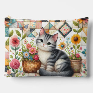 Cute Cat on Floral Quilt Cottagecore Art Accessory Pouch