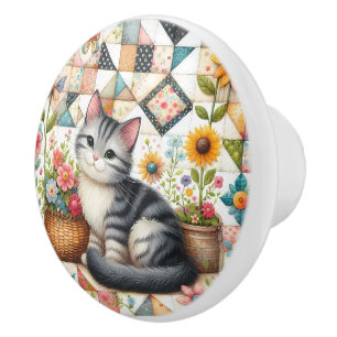 Cute Cat on Floral Quilt Cottagecore Art Ceramic Knob