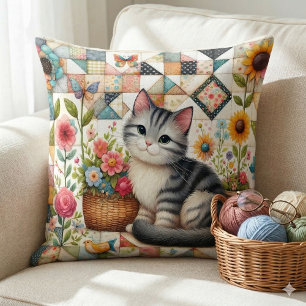 Cute Cat on Floral Quilt Cottagecore Art Cushion