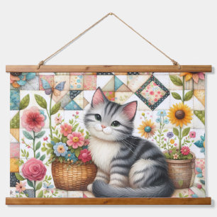 Cute Cat on Floral Quilt Cottagecore Art Hanging Tapestry