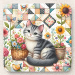 Cute Cat on Floral Quilt Cottagecore Coaster<br><div class="desc">A delightful gray tabby kitten sits sweetly among blooming flowers in this cozy, cottagecore-inspired design. The backdrop features a vibrant patchwork quilt filled with charming geometric patterns, soft pastels, and vintage textures that evoke feelings of warmth and nostalgia. Surrounding the kitten are blooming sunflowers, roses, and daisies, along with cheerful...</div>