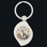 Cute Cat on Floral Quilt Cottagecore Key Ring<br><div class="desc">A delightful gray tabby kitten sits sweetly among blooming flowers in this cozy, cottagecore-inspired design. The backdrop features a vibrant patchwork quilt filled with charming geometric patterns, soft pastels, and vintage textures that evoke feelings of warmth and nostalgia. Surrounding the kitten are blooming sunflowers, roses, and daisies, along with cheerful...</div>