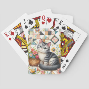 Cute Cat on Floral Quilt Cottagecore Playing Cards