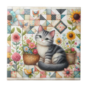 Cute Cat on Floral Quilt Cottagecore Tile