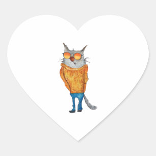 Cute Cat On Glasses Wearing orange Sweater And Blu Heart Sticker