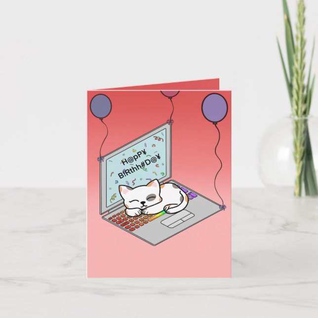 Cute cat on laptop birthday card (Front)