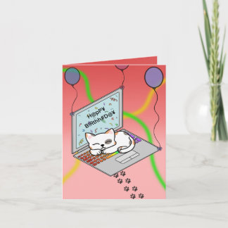 Cute cat on laptop with birthday streamers holiday card