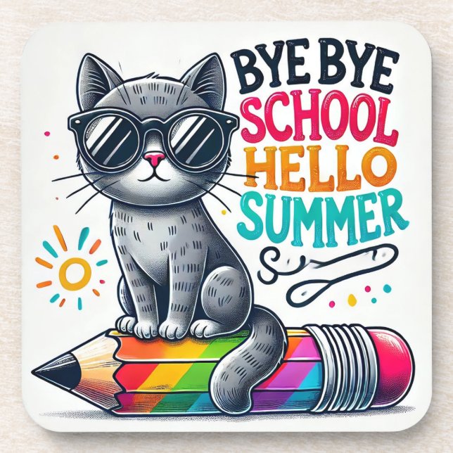 Cute Cat on Pencil Illustration Celebrating Summer Coaster (Front)