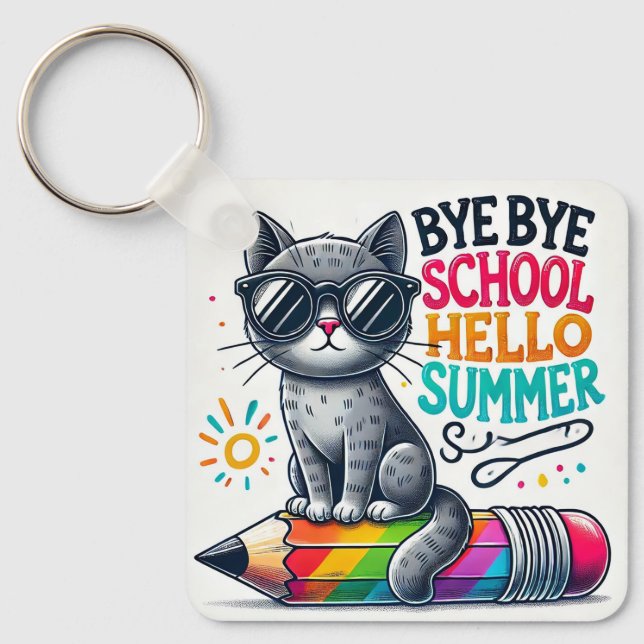 Cute Cat on Pencil Illustration Celebrating Summer Key Ring (Front)