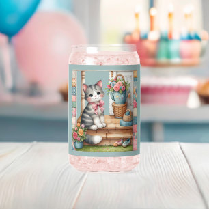 Cute Cat on Porch with Flowers & Patchwork Can Glass