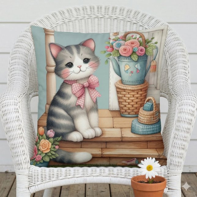 Cute Cat on Porch with Flowers & Patchwork Cushion (Porch Kitty Floral Patchwork Scene Throw Pillow Mockup A)
