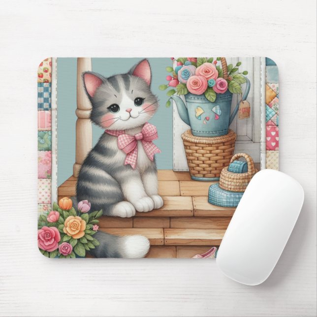 Cute Cat on Porch with Flowers & Patchwork Mouse Pad (With Mouse)