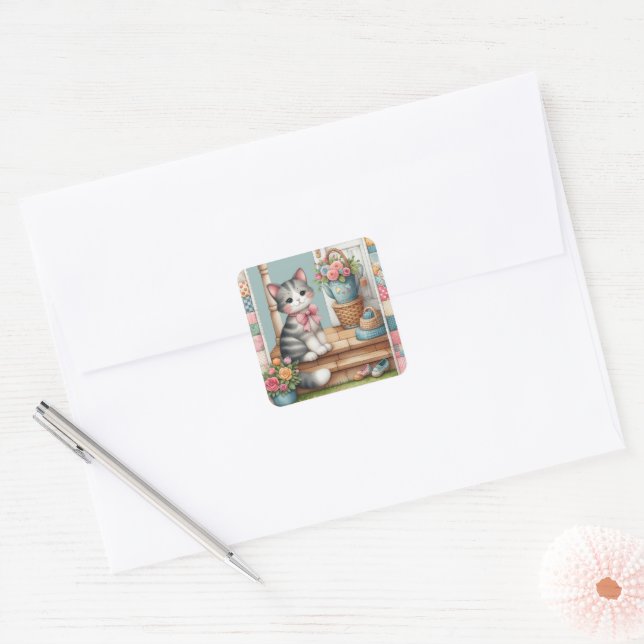 Cute Cat on Porch with Flowers & Patchwork Square Sticker (Envelope)