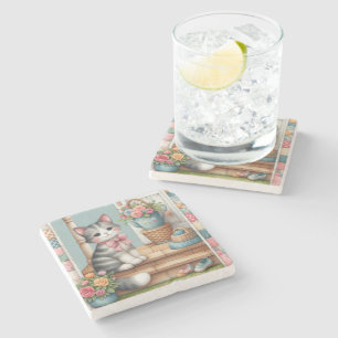 Cute Cat on Porch with Flowers & Patchwork Stone Coaster