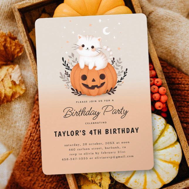 Cute Cat On Pumpkin Halloween  Kids Birthday Party Invitation (Creator Uploaded)