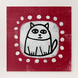 Cute Cat On Red Jigsaw Puzzle