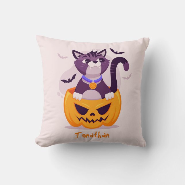 Cute Cat on Spooky Pumpkin and Halloween Bats Cushion (Front)