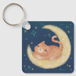 Cute Cat on the Moon Key Ring