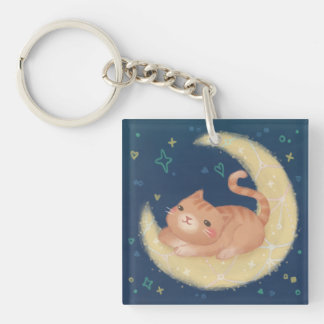 Cute Cat on the Moon Key Ring