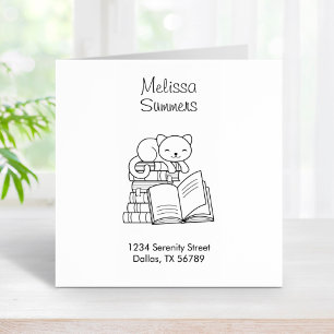 Cute Cat on top of A Book Stack Address Rubber Stamp