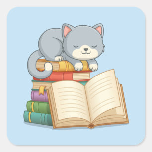 Cute Cat on top of a Book Stack Blue Square Sticker