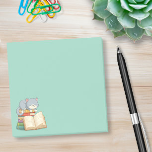 Cute Cat on top of a Book Stack Green Post-it Notes