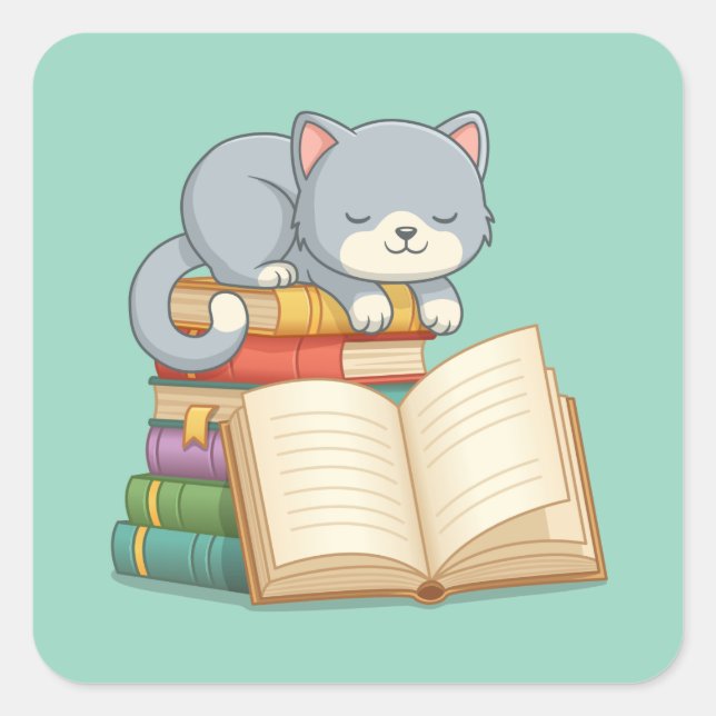 Cute Cat on top of a Book Stack Green Square Sticker (Front)