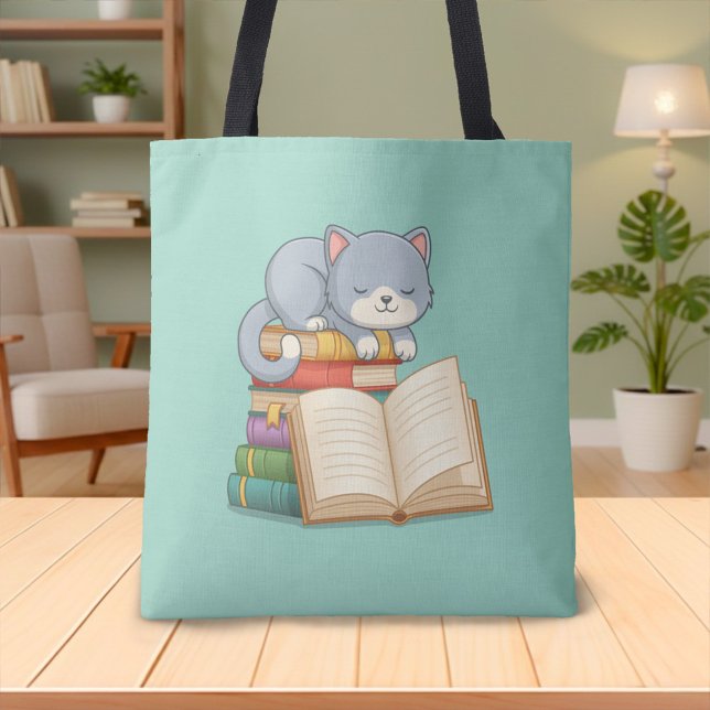 Cute Cat on top of a Book Stack Green Tote Bag (Creator Uploaded)