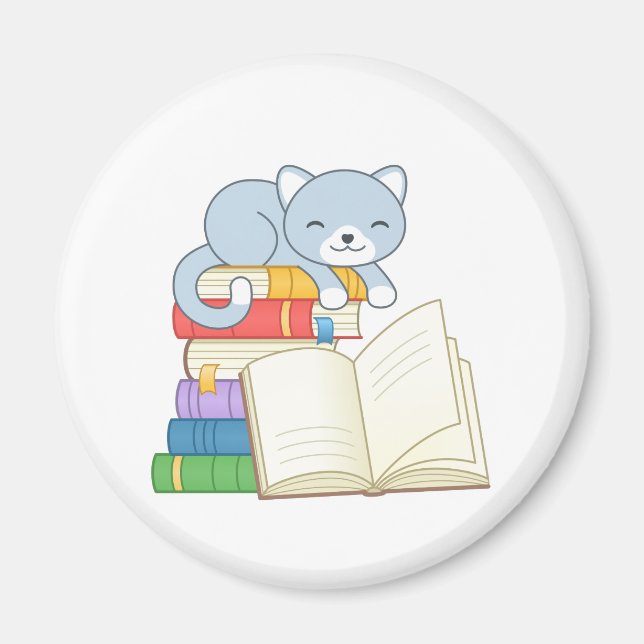 Cute Cat on top of a Book Stack Magnet (Front)