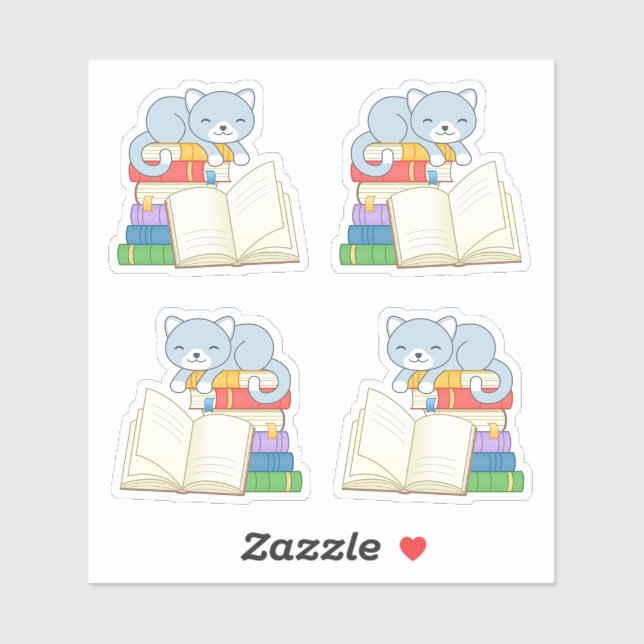 Cute Cat on top of a Book Stack, Set of 4 (Sheet)