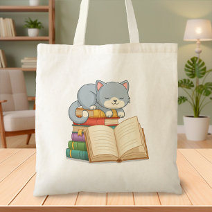 Cute Cat on top of a Book Stack Tote Bag