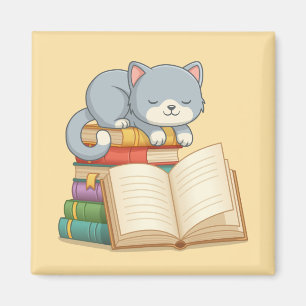 Cute Cat on top of a Book Stack Yellow Magnet
