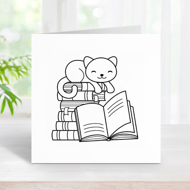 Cute Cat on top of Stack of Books - Bookplate Rubber Stamp (Creator Uploaded)