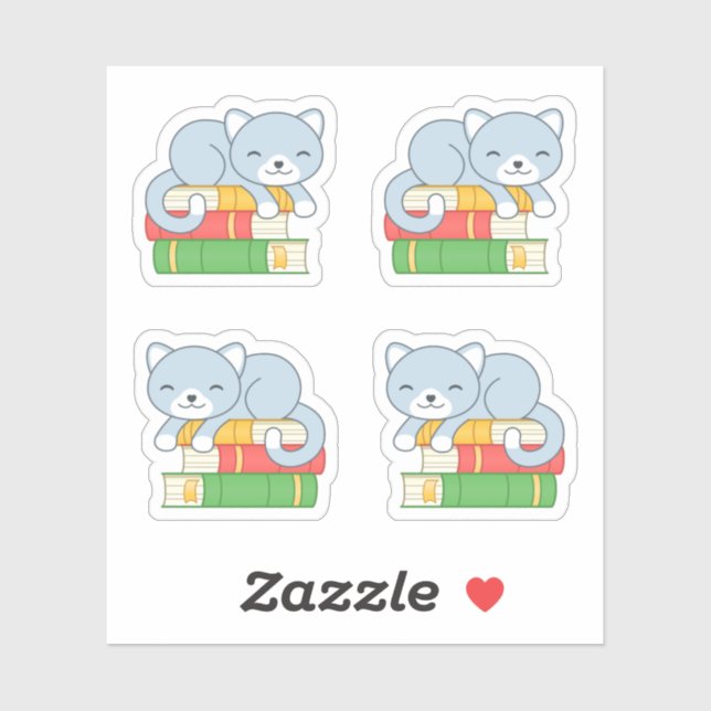 Cute Cat on top of Stack of Books, Set of 4 (Sheet)