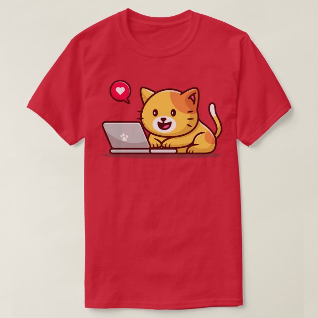 Cute Cat Operating Laptop T-Shirt (Design Front)