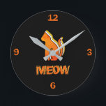 Cute Cat, Orange & Yellow Animal, Abstract Pop Art Round Clock<br><div class="desc">Retro,  pop,  colourful creation of a Cat,  Round Clock.
Special theme of orange & yellow colouring,  with simple but elegant icon styled art.
Original digital art by Raphael Studio - 'Cat'.
Retro pop & style,  unique design.</div>