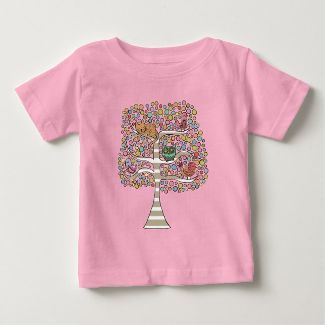 Cute Cat Owl & Birds Sittin in a Tree Illustration Baby T-Shirt (Front)