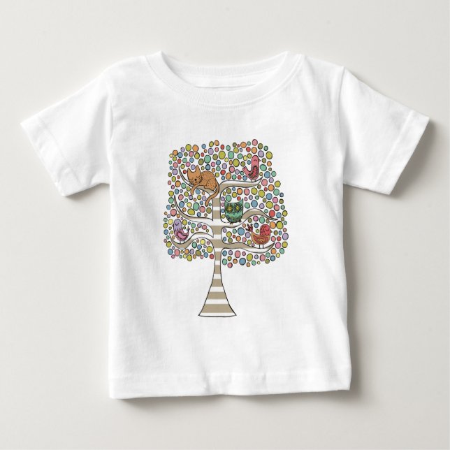 Cute Cat Owl & Birds Sittin in a Tree Illustration Baby T-Shirt (Front)