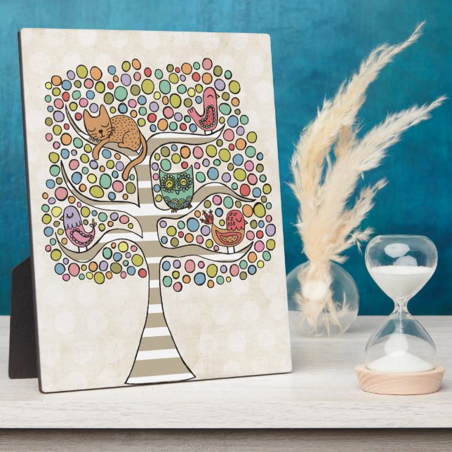 Cute Cat Owl & Birds Sittin in a Tree Illustration Plaque (Side)