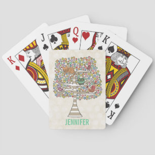 Cute Cat Owl & Birds Sittin in a Tree Illustration Playing Cards