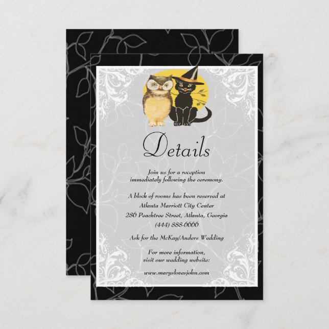 Cute Cat & Owl Halloween Wedding Details Enclosure Card (Front/Back)