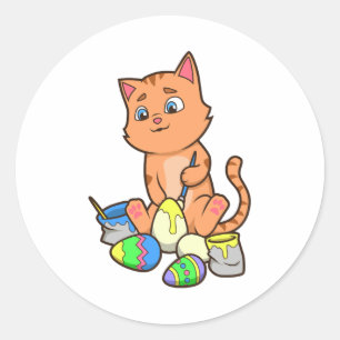 Cute Cat Painting Easter Eggs On Easter Day Classic Round Sticker