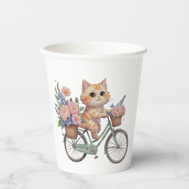 Cute Cat Paper Cup – Floral Bike Party Design (Front)