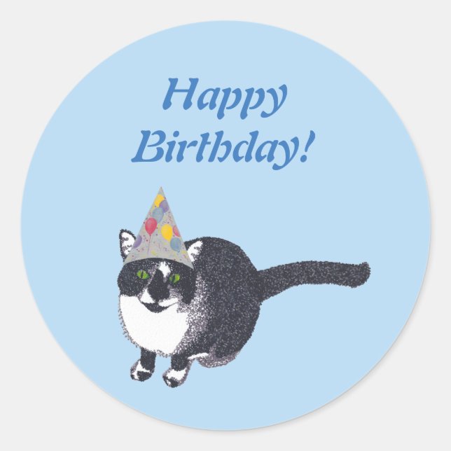 Cute Cat Party Hat Happy Birthday Stickers (Front)